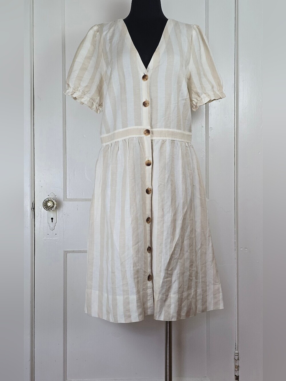 LOFT Beige and White Striped Cottagecore Preppy Dress with Pockets 10